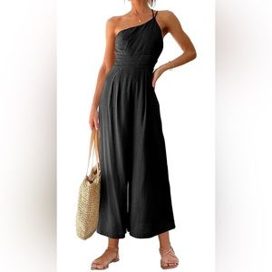 Women's One Shoulder High Waist Casual Wide Leg Linen Romper with Pockets